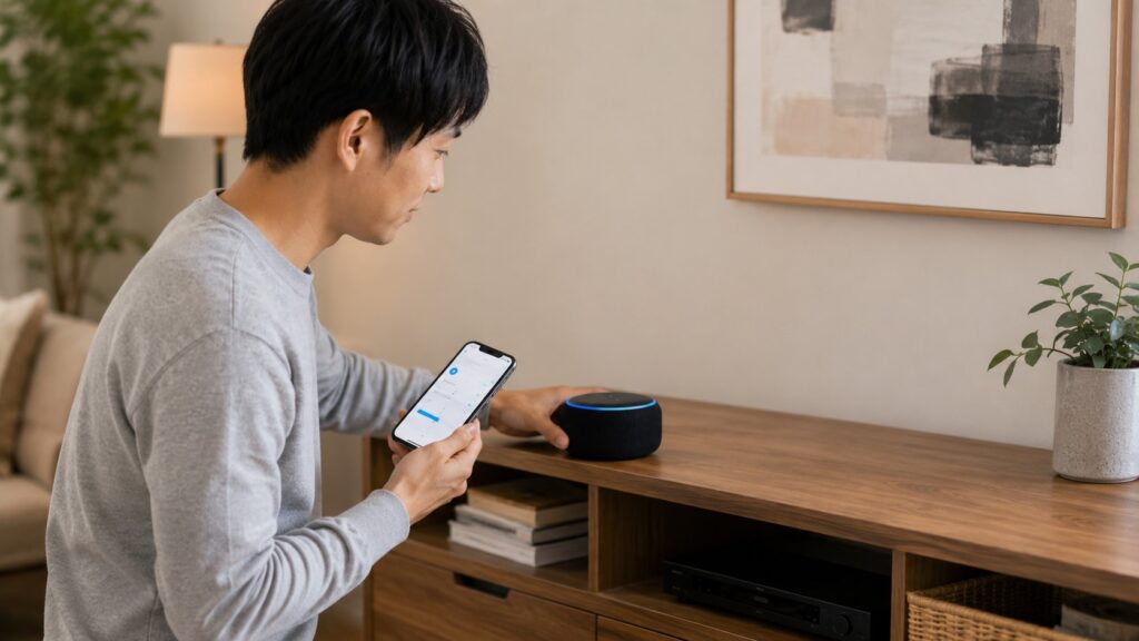 Amazon Echoを壁から離して設置しスマートフォンで音質を調整する男性
