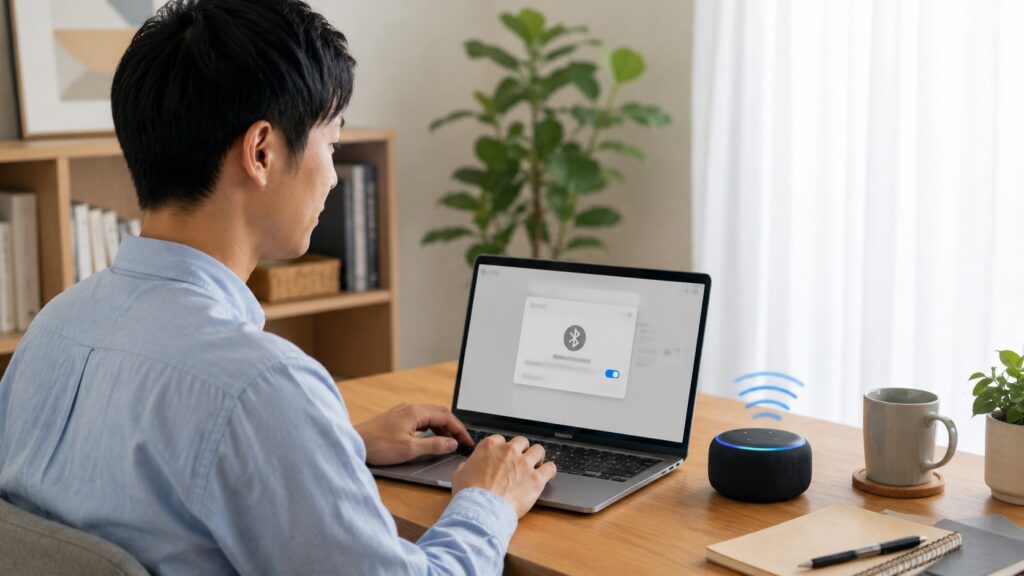 ノートパソコンとAmazon EchoをBluetooth接続して音声出力を設定する日本人男性
