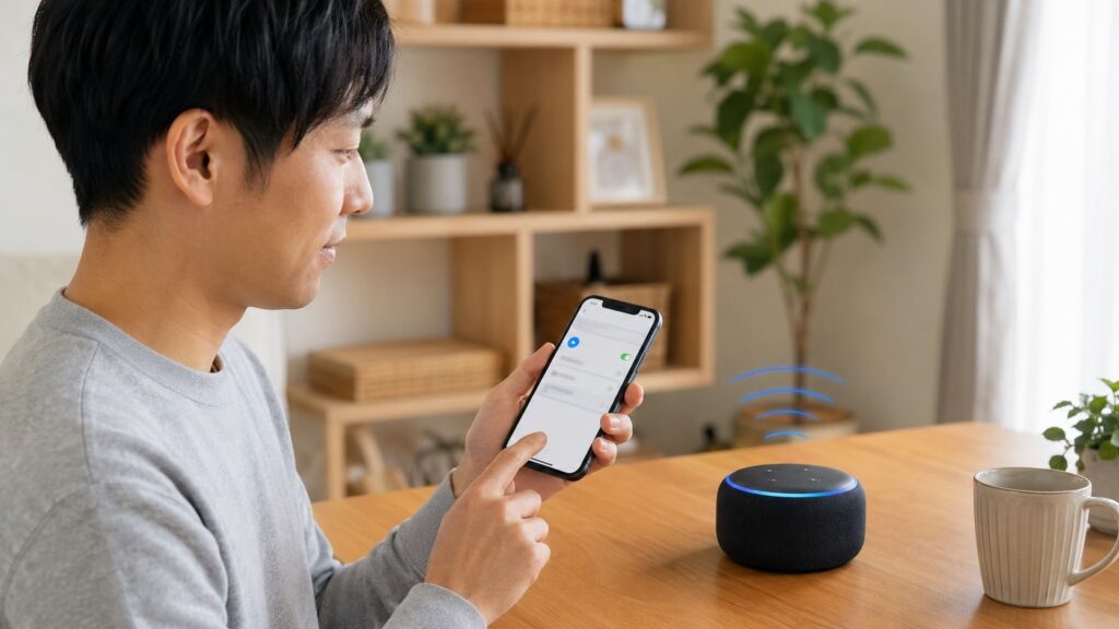スマートフォンのBluetooth設定からAmazon Echoをスピーカーとして接続する日本人男性