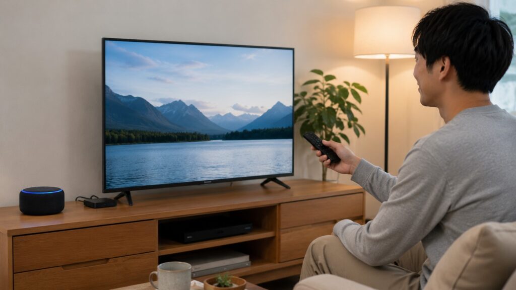 テレビの音声をAmazon Echoから再生するBluetooth接続を試す男性