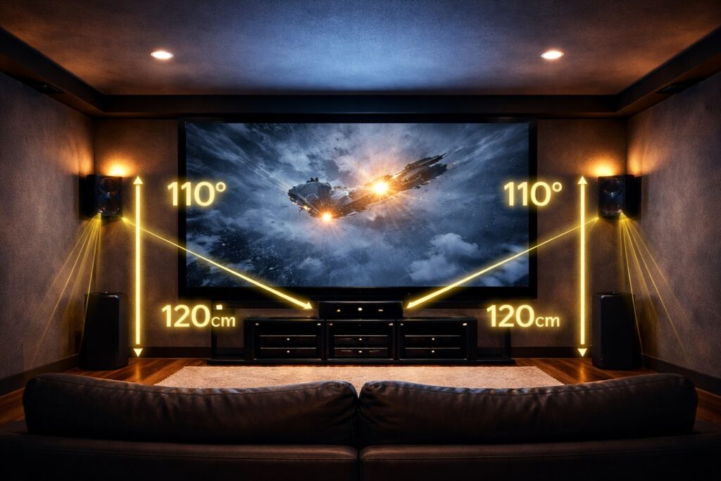 サラウンドスピーカーの角度と高さ