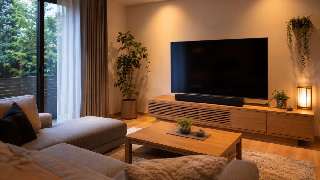 大型テレビとサウンドバーを設置した、初心者向けホームシアターのリビング