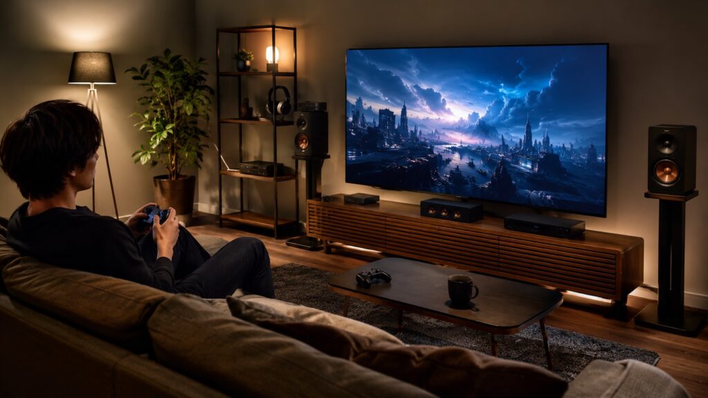 大型テレビと左右のスピーカーを備えた部屋でゲームを楽しむ