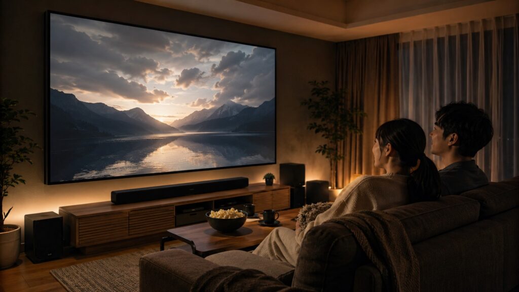 大型画面とサウンドバーを設置したリビングのホームシアターで映画を楽しむ日本人夫婦