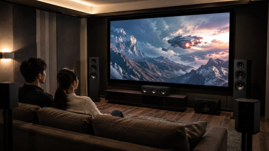 大型スクリーンと5.1chスピーカーで映画を楽しむホームシアター