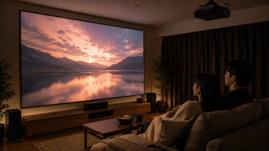 天井設置プロジェクターと大型スクリーンで映画を楽しむ自宅ホームシアター