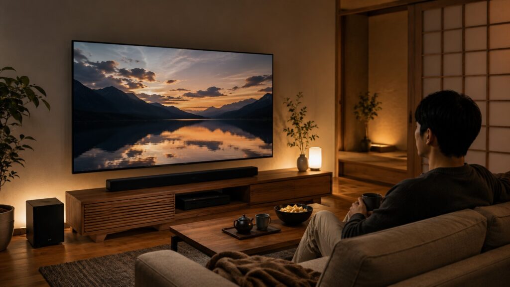 大型テレビとサウンドバーで手軽に始める初心者向けホームシアター構成