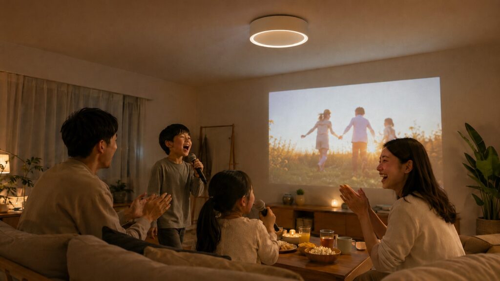 Aladdin X2 Lightの大画面投影で家族が自宅カラオケを楽しむ様子