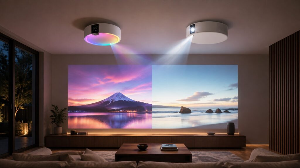 Aladdin X2 PlusとX2 Lightを並べて比較したリビングのホームシアターイメージ
