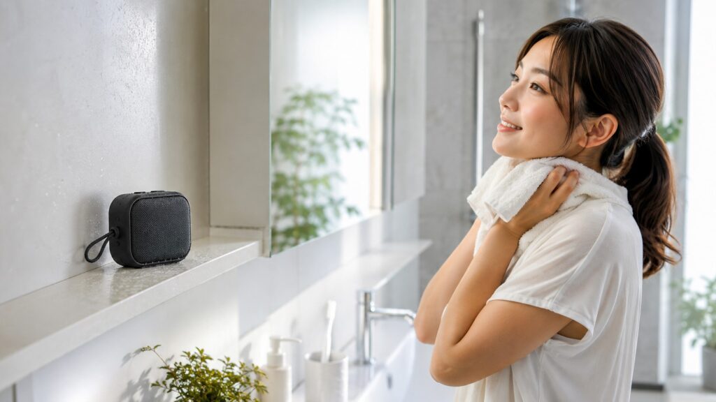 浴室で小型防水Bluetoothスピーカーを使い音楽を楽しむ日本人女性