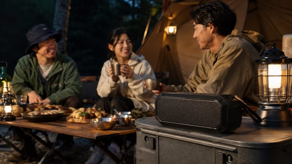 キャンプでアウトドア向けBluetoothスピーカーを使って音楽を楽しむ日本人グループ