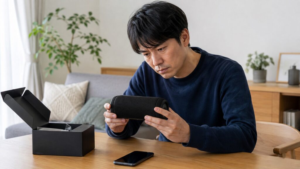 Ankerスピーカーの回収対象モデルを確認する日本人男性