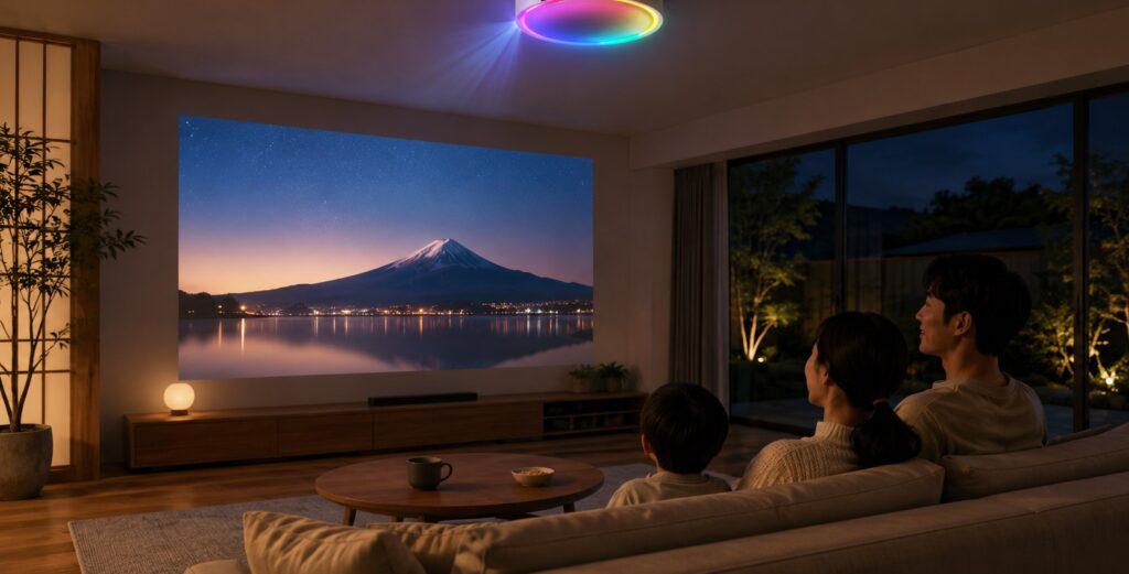 日本人家族がリビングでAladdin X2 Lightのホームシアターを楽しむ様子。