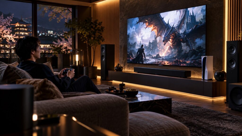 PS5と大型テレビ、サウンドバー、スピーカーを組み合わせたホームシアター環境