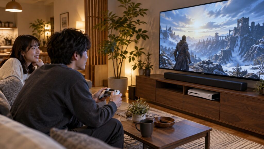 大画面テレビとサウンドバーを使ってPS5のゲームを楽しむ日本人の男女