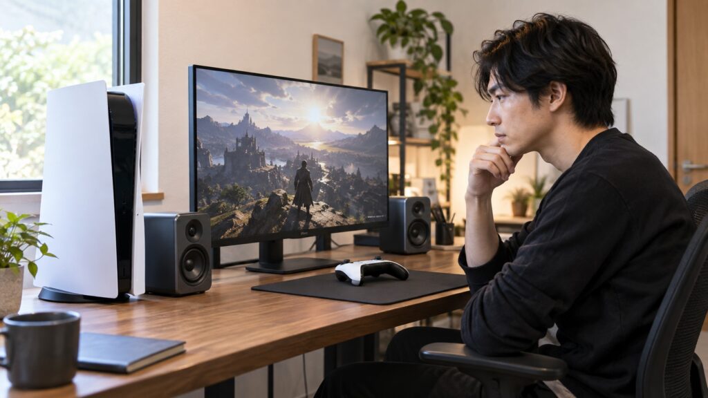 PS5とモニター、左右のスピーカーを設置したデスクでゲームを楽しむ日本人男性