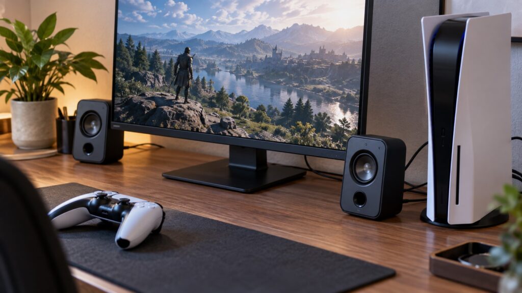 PS5とゲーミングモニターにコンパクトスピーカーを組み合わせたデスク環境